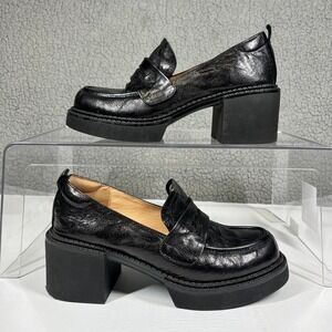 Handmade Black Leather Platform Penny Loafers Chunky Block Heel 37.5 F7363